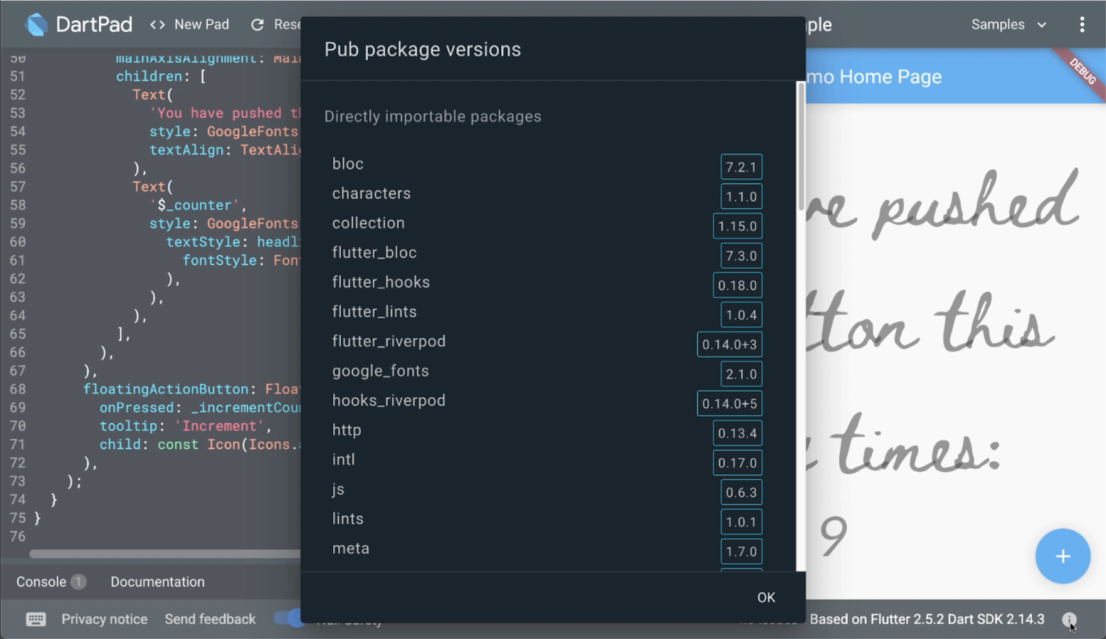 A screenshot showing the info icon in DartPad that lists available packages.