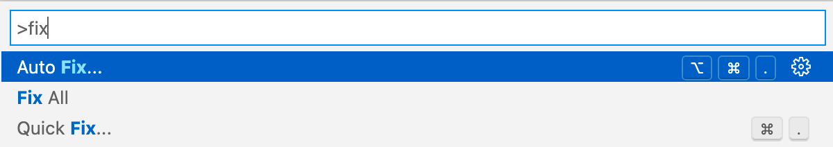 The Visual Studio Code command palette with 'fix' typed into the search bar, showing the 'Fix All' command.