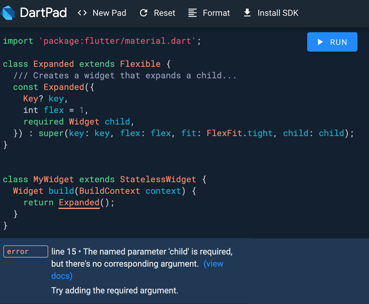DartPad analysis error for a missing required parameter.