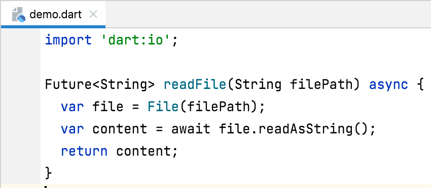 An IDE showing the code after the quick fix, now with the 'async' keyword and the return type updated to a Future of String.