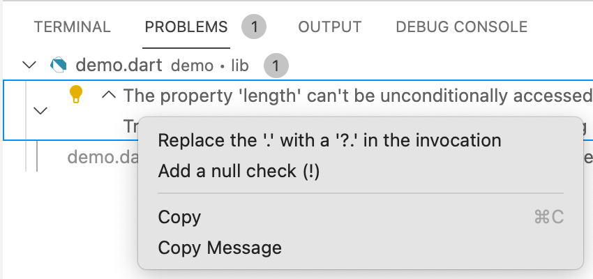 The Visual Studio Code context menu for a problem entry showing 'Quick Fix' and 'Copy' options.