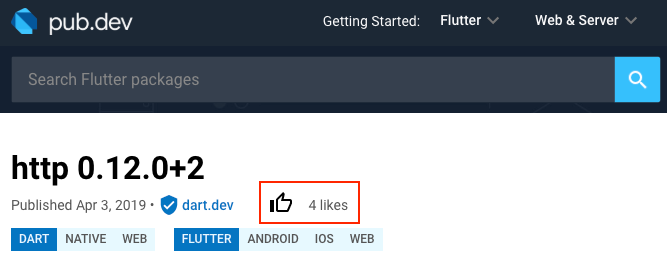 Pub.dev package detail page with new Like-feature voting button.