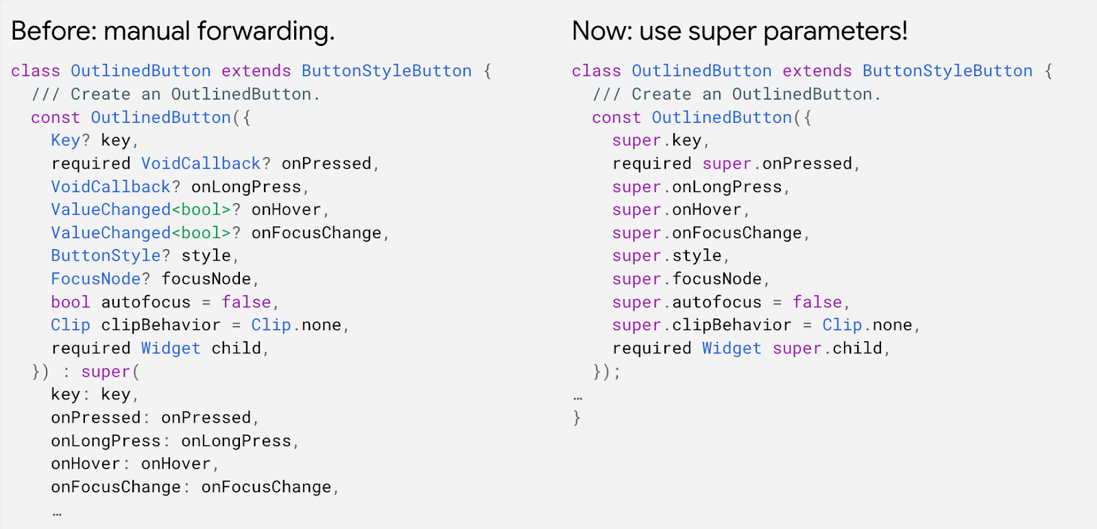 A code comparison demonstrating the new super constructor parameter syntax in Dart 2.17.