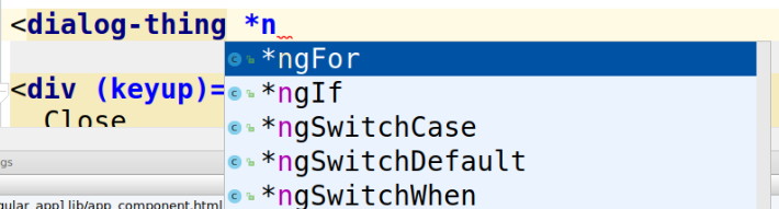 IDE showing code completion for AngularDart structural directives such as ngFor and ngIf in a template.