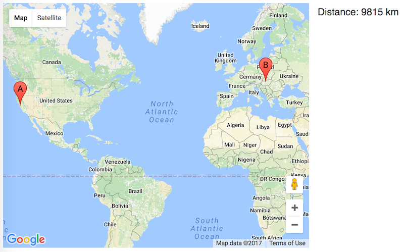 Map showing the distance between Googleplex in Mountain View, California and the author's home in Budapest, Hungary.