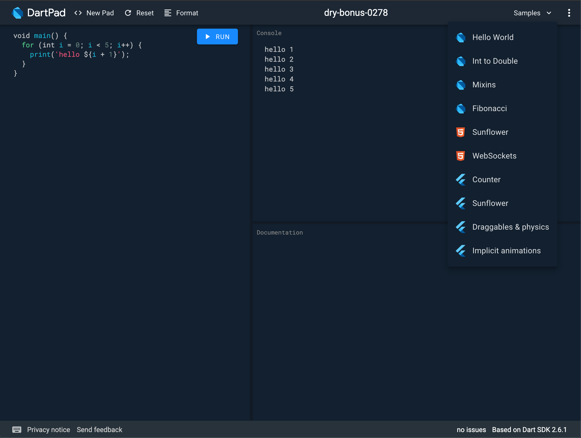 The DartPad samples menu displaying various Dart and Flutter examples.