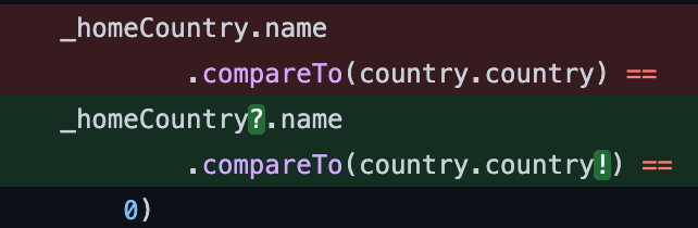 Code snippet showing the migration tool automatically adding question marks to nullable properties.