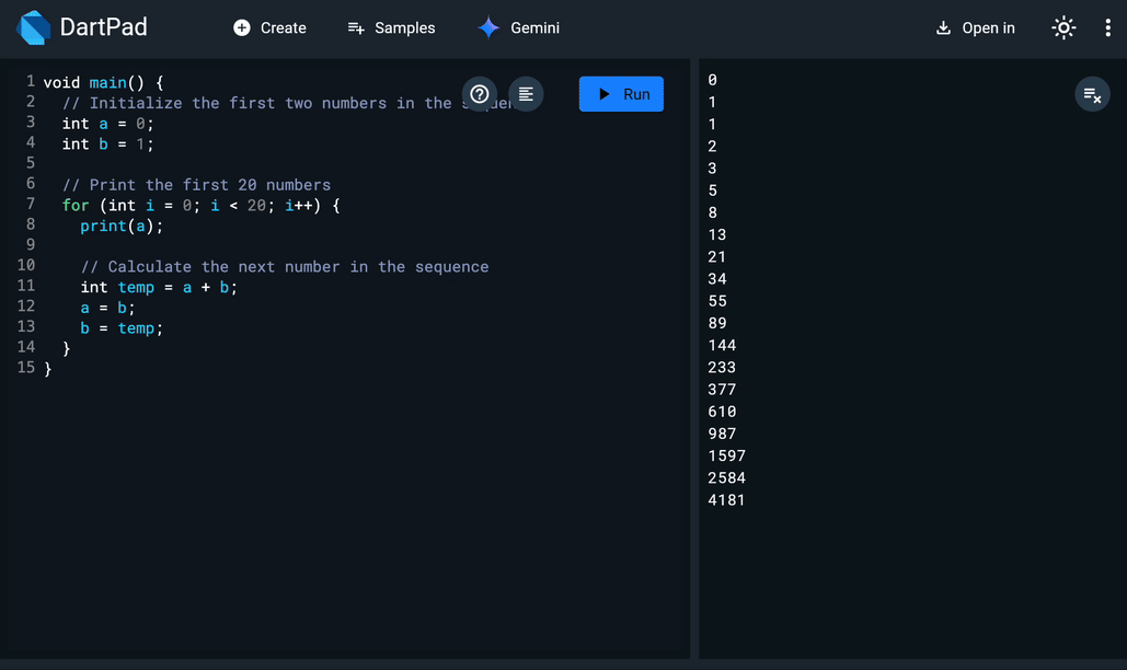 An animation illustrating Gemini in DartPad suggesting a fix for a static analysis error.