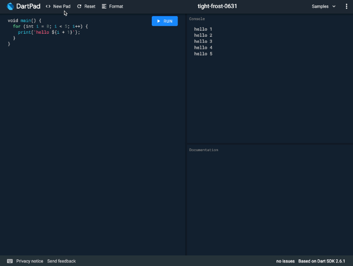 An animation showing how to create a new Flutter project in DartPad.