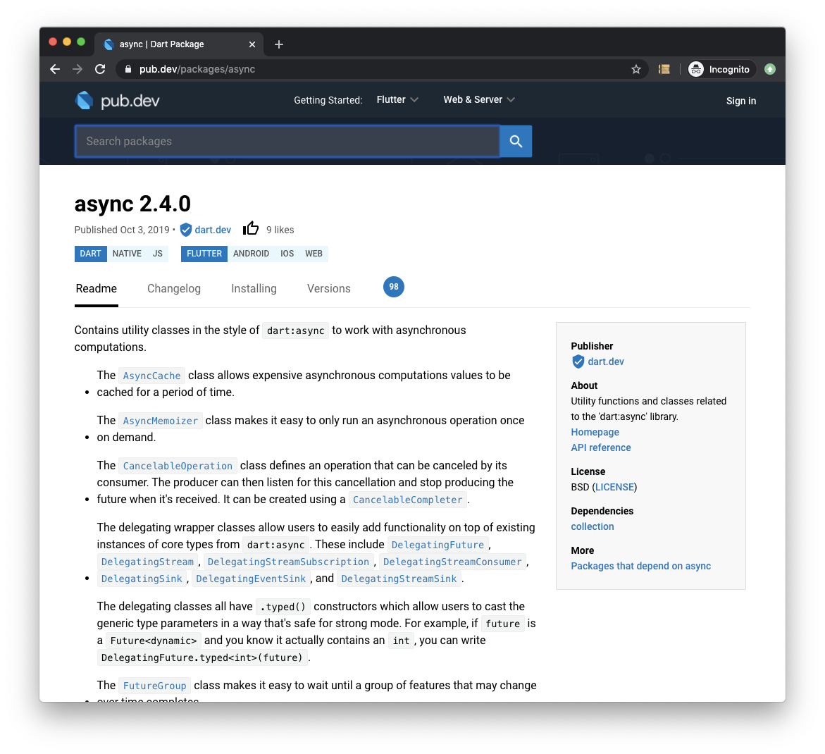 Pub.dev page for async 2.4.0 showing utility classes for asynchronous computations.