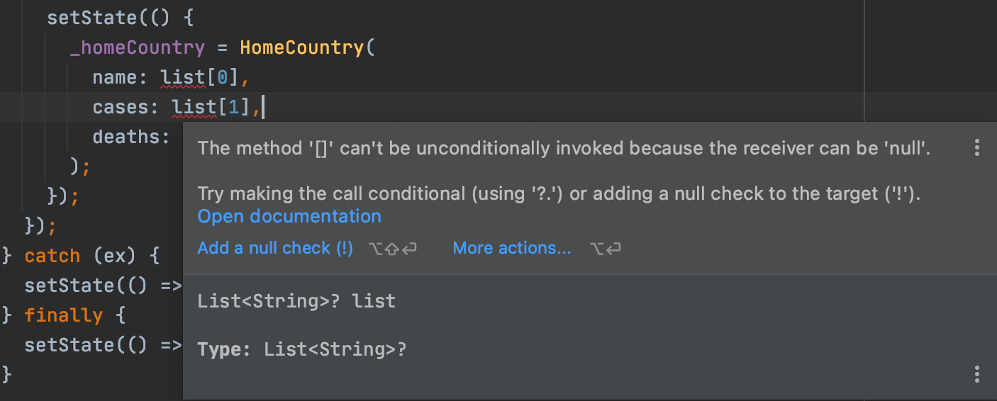 IDE warning on list index access because a nullable list might be null before indexing.