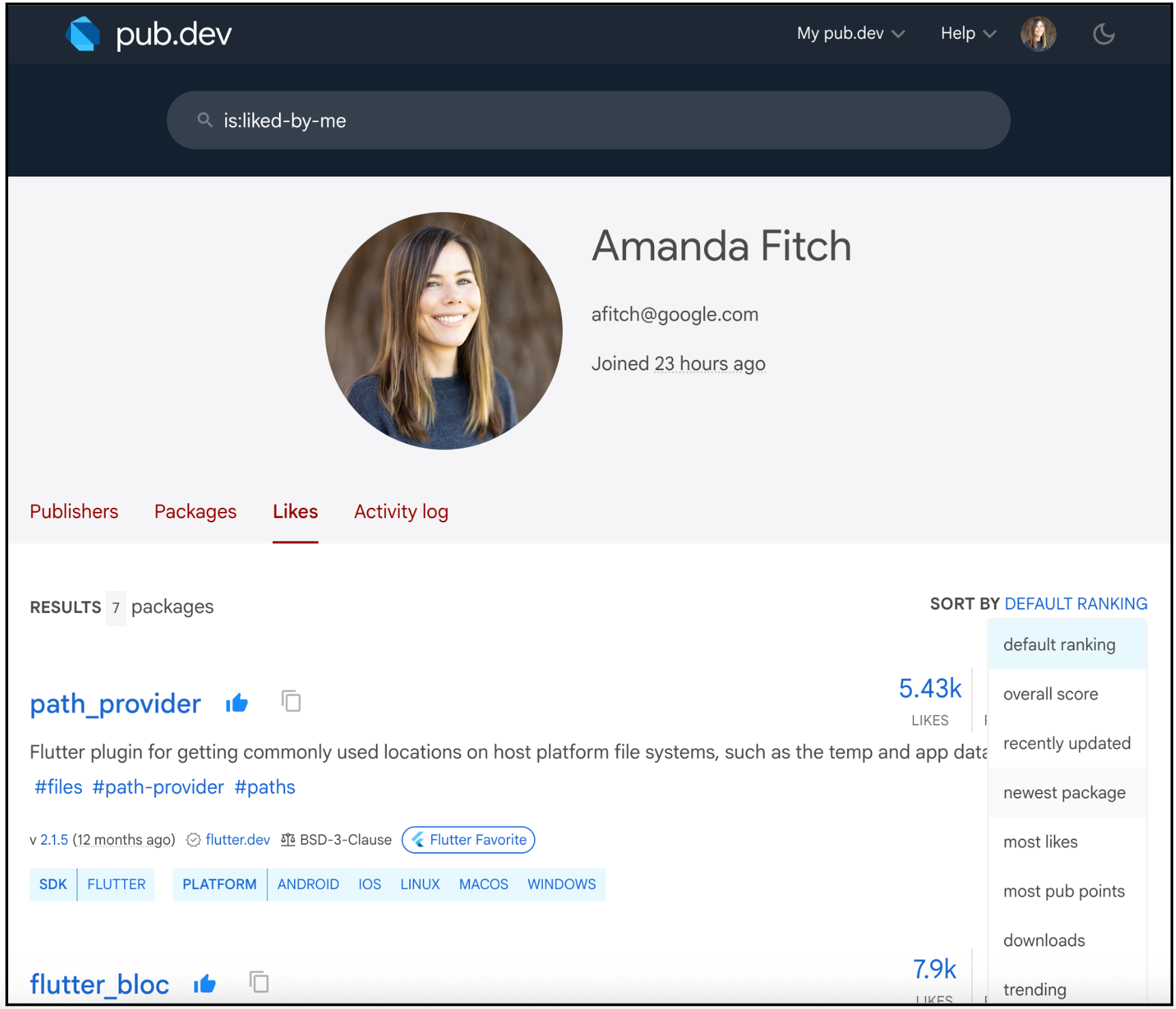 Pub.dev Likes tab with search, sort, and unlike support.